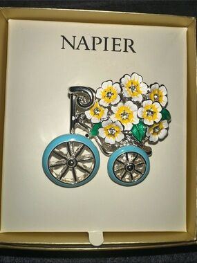 Napier Yellow White Floral Cart Brooch with Blue Wheels NWT